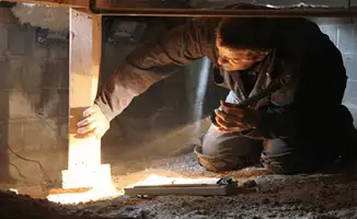 A professional inspecting wooden beams under the floor of a structure in Savannah, GA